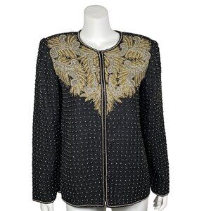 Vintage Laurence Kazar Black Beaded Jacket M Gold Silver Embellishments Lined